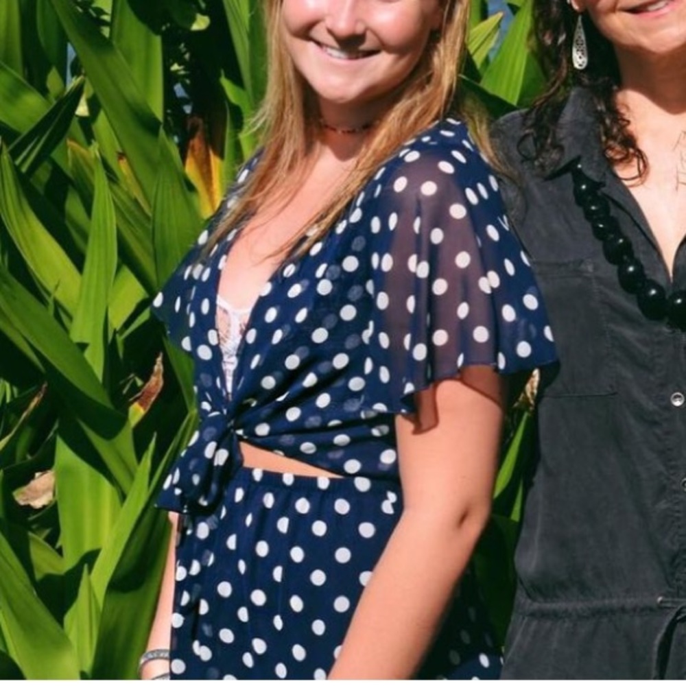 Show Me Your Mumu blue polka dot romper with tie front. Size medium!